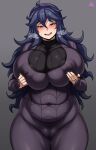  1girl @_@ absurdres ahoge alternate_breast_size artist_name big_hair black_dress black_sweater blush breasts cowboy_shot curly_hair curvy dress dripping eyelashes fat_mons flipped_hair frilled_sleeves frills from_below gigantamax grabbing_own_thigh hair_between_eyes hair_over_one_eye hairband halftone halftone_texture hatching_(texture) hex_maniac_(pokemon) highres jmg large_breasts layered_dress long_dress long_hair looking_at_another looking_away looking_down looking_to_the_side messy_hair mixed-language_commentary no_pupils open_mouth plump pokemon pokemon_(creature) pokemon_(game) pokemon_xy purple_eyes purple_hairband ribbed_sweater shiny shiny_hair sidelocks spider_web_print sweat sweater sweater_dress taut_clothes taut_dress tight tongue very_long_hair wavy_mouth 