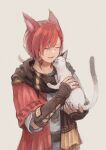  1boy animal animal_ears bangs black_scarf braid braided_ponytail cat cat_ears closed_eyes facial_mark final_fantasy final_fantasy_xiv from_side g&#039;raha_tia grey_background highres holding holding_animal holding_cat jewelry low_ponytail male_focus miqo&#039;te neck_tattoo omori_hakumai open_mouth pendant red_hair scarf short_ponytail simple_background smile solo swept_bangs tattoo upper_body vambraces 
