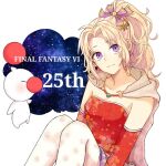  1girl blonde_hair breasts cape closed_mouth detached_sleeves dress earrings final_fantasy final_fantasy_vi jewelry long_hair looking_at_viewer moogle pantyhose ponytail purple_eyes ribbon tina_branford 
