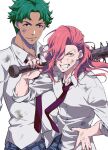  2boys ataka_takeru cherry_blossom_(sk8) dark-skinned_male dark_skin dirty dirty_clothes dirty_face earrings green_hair grin hair_over_one_eye hand_on_hip holding holding_weapon jewelry joe_(sk8) lip_piercing long_hair male_focus multiple_boys necktie over_shoulder piercing plaid red_necktie red_neckwear school_uniform shirt short_hair simple_background sk8_the_infinity smile spiked_bat standing weapon white_background white_shirt 