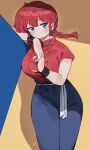  1girl blue_eyes blue_pants blush braid braided_ponytail breasts chinese_clothes closed_mouth highres large_breasts looking_at_viewer pants ranma-chan ranma_1/2 red_hair ryusei_hashida saotome_ranma short_hair short_sleeves signature solo standing 