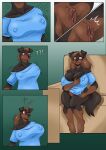  2021 ?! anthro blue_clothing blue_eyes blue_shirt blue_topwear bottomless breasts brown_hair canid canine canis clothed clothing comic domestic_dog female furniture gender_transformation genitals hair hi_res mammal mastiff molosser mtf_transformation nipple_outline on_sofa pussy rifel ross_(rosstherottie) rottweiler roz_(rosstherottie) shirt short_stack shrinking sitting sitting_on_sofa size_transformation sofa solo surprise topwear transformation 