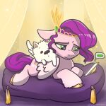  ambiguous_gender black_nose canid canine canis cellphone cloudpuff_(mlp) crown cutie_mark domestic_dog ears_down equid equine female feral fluffy fur hair hasbro hi_res hooves mammal mlp_g5 my_little_pony pegasus pfeffaroo phone pillow pipp_petals_(mlp) pivoted_ears pomeranian purple_hair purple_tail smartphone spitz white_body white_fur wings 