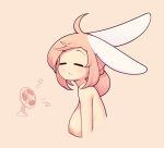  1girl :3 =_= animal_ears breasts closed_eyes commentary cropped_torso electric_fan fiz_(fizintine) fizintine large_breasts long_hair nipples original pink_hair rabbit_ears rabbit_girl simple_background solo symbol-only_commentary upper_body 