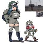  0_0 2girls backpack bag blue_footwear blue_hair blush blush_stickers boots breasts brown_footwear clenched_hands closed_eyes closed_mouth eyebrows_visible_through_hair gloves green_headwear grey_gloves grey_headwear headlight helmet large_breasts logo long_hair long_sleeves looking_away military military_uniform multiple_girls open_mouth personification real_life red_hair simple_background small_breasts smile thighhighs tire uaz_452 uniform ural_4320 visor walking white_background zettai_ryouiki 