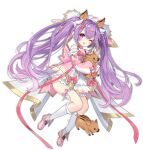  1girl :d animal animal_ears ark_order boar_(ark_order) boar_ears bow choker dress frilled_dress frilled_legwear frills full_body gold_trim hair_bow hatoyama_itsuru heart heart_choker holding holding_animal horns kneehighs leg_garter long_sleeves official_art one_eye_closed open_mouth pink_choker pink_dress pink_eyes pink_footwear pink_ribbon puffy_long_sleeves puffy_sleeves purple_hair ribbon shoes smile snout_hair_ornament solo tachi-e transparent_background twintails white_legwear 