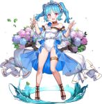  1girl :d ahoge ankle_cuffs ark_order artist_request bangs bare_shoulders blue_bow blue_flower blue_hair blush bow bracelet breasts choker clotho_(ark_order) detached_sleeves flower frills hair_bow holding hydrangea jewelry leaf leg_garter leotard maid_headdress medium_hair official_art open_mouth pink_eyes sandals short_sleeves sidelocks skirt small_breasts smile solo spool tachi-e thighlet thread transparent_background twintails water white_leotard white_skirt 