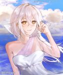  1girl bow breasts clenched_hand cloud collarbone dress eyebrows_behind_hair floating_hair hair_bow highres long_hair looking_at_viewer medium_breasts qualia_qu re:act sky smile solo thai_commentary twitter_username unn_(unnk131) virtual_youtuber water white_bow white_dress white_hair yellow_eyes 