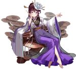  1girl ark_order artist_request bangs barefoot black_hair black_shirt blue_eyes blush chinese_clothes crossed_bangs dress earrings elbow_rest flower hair_flower hair_ornament hand_on_own_cheek hand_on_own_face hanfu holding holding_stick jewelry long_hair long_sleeves looking_at_viewer official_art print_dress purple_dress shirt sitting solo stick tachi-e transparent_background wide_sleeves yaoji_(ark_order) 