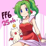  1girl blue_eyes blush_stickers breasts cleavage closed_mouth dress earrings final_fantasy final_fantasy_vi green_hair jewelry long_hair looking_at_viewer moogle ponytail purple_eyes ruo_(cruzada) smile tina_branford 