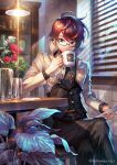  1boy artist_name belt blue_eyes brown_hair buttons commentary_request cup earrings flower highres holding holding_cup hotaruika_niji indoors jacket jewelry lamp mug original pants plant shirt sitting smile solo table tile_wall tiles white_jacket window 