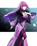  1girl breasts choker diadem dress fate/grand_order fate_(series) floating_hair highres jewelry long_hair long_sleeves looking_at_viewer medium_breasts omame_korokor pantyhose parted_lips pendant purple_choker purple_dress purple_hair purple_legwear red_eyes scathach_(fate) scathach_skadi_(fate) shiny shiny_hair smile solo standing straight_hair very_long_hair wide_sleeves 