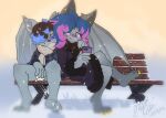  anthro bench chiropteran clothing coat gingy_k_fox highlights_(coloring) mammal outside park phone piercing scarf snow topwear wings 