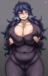  1girl absurdres areola_slip areolae artist_name bangs belly black_dress black_nails breasts cameltoe collarbone commentary covered_navel covered_nipples cowboy_shot curvy dress eyebrows_visible_through_hair foreshortening grey_background hair_between_eyes hairband half-closed_eyes heavy_breathing hex_maniac_(pokemon) highres huge_breasts jmg long_hair looking_at_viewer nail_polish naughty_face no_bra plump pokemon pokemon_(game) pokemon_xy raised_eyebrows solo spider_web_print sweat thick_thighs thighs wavy_mouth 