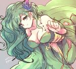  1girl breasts cleavage closed_mouth dated earrings final_fantasy final_fantasy_iv green_eyes green_hair hair_ornament jewelry long_hair looking_at_viewer older peso_kongari rydia_(ff4) simple_background smile solo 