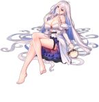  1girl absurdly_long_hair ark_order bangs bare_legs barefoot blue_hair blush breasts cleavage closed_mouth crossed_legs detached_sleeves dress eyebrows_visible_through_hair feet gold hair_between_eyes head_tilt jewelry large_breasts leg_garter long_hair lucetia_(ark_order) multicolored_hair necklace official_art parted_lips puffer_fish puffy_short_sleeves puffy_sleeves red_eyes ring short_sleeves sidelocks silver_hair sitting solo strapless strapless_dress transparent_background very_long_hair wavy_hair white_dress you_ni_ge_shaobing 