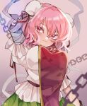  1girl amputee arm_up bandaged_arm bandages bangs blush breasts bun_cover chain closed_mouth commentary_request double_bun flower green_skirt hair_between_eyes ibaraki_kasen large_breasts looking_at_viewer pink_eyes pink_hair pink_tabard red_ribbon ribbon rose shirt short_hair short_sleeves signature skirt smile solo tabard tori_maru08 touhou upper_body white_shirt 