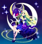  1girl blonde_hair blue_dress braid commentary_request crescent_moon dress elbow_gloves gloves green_eyes hairband high_heels highres lillie_(pokemon) lunala moon nashirasauce night night_sky official_alternate_costume pokemon pokemon_(creature) pokemon_(game) pokemon_masters_ex sky star_(sky) star_(symbol) twin_braids twitter_username 