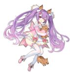  1girl :d animal animal_ears ark_order boar_(ark_order) boar_ears bow choker dress frilled_dress frilled_legwear frills full_body gold_trim hair_bow hatoyama_itsuru heart heart_choker holding holding_animal horns kneehighs leg_garter long_sleeves official_art one_eye_closed open_mouth pink_choker pink_dress pink_eyes pink_footwear pink_ribbon puffy_long_sleeves puffy_sleeves purple_hair ribbon shoes smile snout_hair_ornament solo tachi-e transparent_background twintails white_legwear 