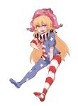  1girl :d american_flag_dress american_flag_legwear bangs between_legs blonde_hair bright_pupils clownpiece doro_au eyebrows_visible_through_hair fang flat_chest full_body hair_between_eyes hand_between_legs hat highres jester_cap long_hair looking_at_viewer neck_ruff open_mouth pantyhose pink_eyes pink_headwear polka_dot polka_dot_headwear short_sleeves simple_background sitting skin_fang smile solo star_(symbol) star_print striped teeth tongue touhou very_long_hair white_background white_pupils 