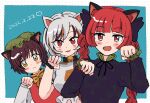  3girls :3 animal_ear_fluff animal_ears bell black_bow black_dress blue_background blush bow bowtie braid brown_hair cat cat_day cat_ears chen choker dated dotted_background dress earrings fang goutokuji_mike green_background green_dress green_headwear jewelry jingle_bell kaenbyou_rin multicolored_hair multiple_girls neck_bell open_mouth patch patchwork_clothes paw_pose red_dress red_eyes red_hair sarujimarao short_hair simple_background single_earring sketch slit_pupils touhou twin_braids unmoving_pattern white_hair yellow_bow yellow_bowtie yellow_eyes 