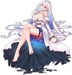  1girl absurdly_long_hair ark_order bangs bare_legs barefoot blue_hair blush breasts cleavage crossed_legs detached_sleeves dress eyebrows_visible_through_hair feet gold grin hair_between_eyes head_tilt jewelry large_breasts leg_garter long_hair lucetia_(ark_order) multicolored_hair necklace official_art parted_lips puffer_fish puffy_short_sleeves puffy_sleeves red_eyes ring short_sleeves sidelocks silver_hair sitting smile solo strapless strapless_dress transparent_background very_long_hair wavy_hair white_dress you_ni_ge_shaobing 