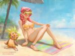  alternate_costume arm_support barefoot beach_towel beach_umbrella bead_anklet breasts chespin closed_mouth cloud covered_nipples day knees_together_feet_apart long_hair malva_(pokemon) navel ocean outdoors palm_tree pink_hair pokemon pokemon_(game) pokemon_xy shore sitting sky sunglasses swimsuit toes towel tree umbrella visor_cap water yellow_swimsuit yugen99 