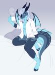  absurd_res anthro bed beverage blue_body blue_eyes claws clothed clothing coffee coffee_mug dragon facial_horn female furniture hi_res horn hybrid looking_at_viewer markings moosemead nira_(unrealcereal) nose_horn open_clothing open_topwear partially_clothed pillow shirt simple_background sitting solo steam topwear white_clothing white_shirt white_topwear wings 