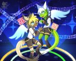  2022 anthro black_bottomwear black_clothing bottomwear clothing cosplay digital_media_(artwork) digitigrade dragon duo fur green_body hi_res hyaenid luxuria male mammal shorts topwear vocaloid watermark white_clothing white_topwear 