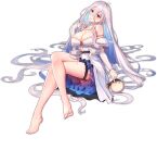  1girl absurdly_long_hair ark_order bangs bare_legs barefoot blue_hair blush breasts cleavage crossed_legs detached_sleeves dress eyebrows_visible_through_hair feet gold hair_between_eyes head_tilt jewelry large_breasts leg_garter long_hair lucetia_(ark_order) multicolored_hair necklace official_art parted_lips puffer_fish puffy_short_sleeves puffy_sleeves red_eyes ring short_sleeves sidelocks silver_hair sitting solo strapless strapless_dress transparent_background very_long_hair wavy_hair white_dress you_ni_ge_shaobing 