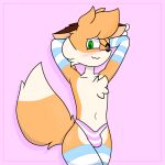  adrii_(character) anthro bulge canid canine clothing cuf_(artist) digital_media_(artwork) flushed fox fur girly green_eyes male mammal orange_body panties simple_background simple_eyes smile solo thick_thighs underwear white_body white_fur 
