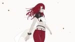  1girl belt breasts closed_mouth d.k denim flower hair_flower hair_ornament highres jeans long_hair mixed-language_commentary navel nier_(series) nier_automata pants popola red_hair simple_background solo white_background 