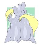  arizonathevixen big_butt blonde_hair butt cross-eyed derpy_hooves_(mlp) english_text equid equine female feral friendship_is_magic grey_body hair hasbro hi_res horse huge_butt looking_at_viewer looking_back mammal my_little_pony nude onomatopoeia pegasus pony shaking_butt smile solo sound_effects text thick_thighs wide_hips wings yellow_eyes 