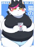  :&lt; absurd_res annoyed anthro arms_under_breasts belly big_belly big_breasts black_hair blush breasts catti_(deltarune) clothed clothing deltarune domestic_cat ear_piercing ear_ring felid feline felis female front_view frown fur hair hi_res highlights_(coloring) holding_object holding_phone huge_breasts japanese_text looking_at_viewer mammal narrowed_eyes navel_outline obese obese_anthro obese_female overweight overweight_anthro overweight_female panties phone piercing pink_highlights portrait rantan_chan shirt short_hair simple_background solo squish standing text text_background thick_thighs thigh_squish three-quarter_portrait topwear undertale_(series) underwear video_games white_body white_fur wide_hips yellow_sclera 