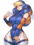  1girl :o apex_legends backpack bag bangs blonde_hair blue_eyes blue_leotard bodysuit breasts fumio_(rsqkr) highres jacket large_breasts leotard looking_at_viewer ribbed_leotard scar scar_on_cheek scar_on_face short_hair smile solo standing thick_thighs thighs wattson_(apex_legends) zipper 