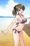  1girl arched_back artist_name bangs beach bikini black_ribbon blurry blurry_background breasts brown_eyes brown_hair cloud cloudy_sky commentary dated day depth_of_field girls_und_panzer grey_bikini hair_ribbon halterneck looking_at_viewer matsui_yasutsugu medium_breasts medium_hair navel open_mouth outdoors ribbon short_ponytail side-tie_bikini signature sky smile solo standing string_bikini swimsuit takashima_remi thong_bikini 