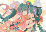  2girls animal_ear_fluff animal_ears aqua_eyes aqua_hair balabling bangs bare_shoulders blush bow closed_eyes commentary detached_sleeves dress_flower english_commentary eyebrows_visible_through_hair facing_viewer grin hair_between_eyes hair_bow hair_ornament hatsune_miku headphones hug long_hair looking_at_viewer multiple_girls open_mouth puffy_short_sleeves puffy_sleeves rabbit_ears short_sleeves shoulder_tattoo smile tattoo twintails vocaloid 