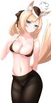 1girl =3 absurdres animal_ear_fluff animal_ears arknights bangs bare_arms bare_shoulders black_bow black_bra black_headwear black_legwear blonde_hair blue_eyes blush bow bra breasts commentary cowboy_shot deriolet groin hair_bow hand_on_own_chest hat highres large_breasts long_hair looking_at_viewer mini_hat navel panties panties_under_pantyhose pantyhose simple_background solo standing stomach tail thighband_pantyhose thighs underwear whislash_(arknights) white_background 