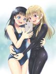  2girls akebi-chan_no_serafuku akebi_komichi black_hair black_wetsuit blonde_hair blue_eyes blue_swimsuit cellphone competition_school_swimsuit cowboy_shot highres kizaki_erika long_hair monta multiple_girls phone purple_eyes school_swimsuit smile swimsuit 