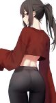  1girl ass bangs black_eyes black_hair closed_mouth cowboy_shot crop_top eyebrows_visible_through_hair from_behind gnns highres leggings light_blush long_hair looking_back ponytail red_shirt shirt sidelocks simple_background sleeves_past_wrists solo tied_hair white_background 