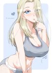  1girl artist_logo blue_background blush breasts clara_(girls_und_panzer) cleavage commentary cyrillic eyes_visible_through_hair girls_und_panzer grey_panties grey_sports_bra groin half-closed_eyes heart highres ichijou_takakiyo large_breasts leaning_forward looking_at_viewer motion_lines navel outside_border panties parted_lips rounded_corners russian_text solo sports_bra sports_panties translated underwear underwear_only 