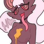  breasts brown_body female hair half humanoid nipples pink_tongue red_eyes solo squiddoggy tongue 
