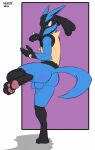  2022 animal_genitalia anthro anus black_body black_fur blue_body blue_fur fighting_pose fluffy fully_sheathed fur genitals grayviz hi_res lucario male nintendo paws pinup pok&eacute;mon pok&eacute;mon_(species) pose shadow sheath signature simple_background solo video_games 