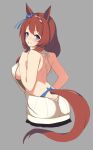  1girl animal_ears backless_outfit bangs blue_bow blue_eyes blush bow braid breasts brown_hair butt_crack cropped_torso ear_bow from_behind grey_background horse_ears horse_girl large_breasts long_hair looking_at_viewer looking_back meme_attire simple_background smile solo super_creek_(umamusume) sweater teeth umamusume upper_body virgin_killer_sweater vococo white_sweater 