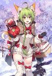  1girl ahoge animal_ear_fluff animal_ears bangs basket black_gloves blush bow bowtie braid braided_ponytail brown_cape cape cat_ears cat_girl cat_tail chain_chronicle eyebrows_visible_through_hair fangs forest fur_trim gloves green_hair hair_between_eyes hair_bow heart highres lince_(chain_chronicle) long_hair looking_at_viewer nardack nature open_mouth outdoors red_bow red_bowtie ribbed_sweater side_ponytail slit_pupils smile snow snowflakes snowing solo standing sweater tail tail_bow tail_ornament tail_raised thighhighs very_long_hair white_legwear white_sweater yellow_eyes 