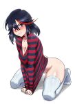  1girl black_hair blush bottomless breasts cleavage commission english_commentary eyebrows_visible_through_hair full_body hair_between_eyes highres kawa-v kill_la_kill long_sleeves looking_at_viewer matoi_ryuuko medium_breasts multicolored_hair red_hair shirt simple_background solo streaked_hair striped striped_shirt thighhighs two-tone_hair white_background 