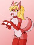  anthro blonde_hair bodily_fluids breasts canid canine clothing collar cum cum_in_mouth cum_inside cum_on_hand cum_on_tongue female fluffy fluffy_tail fox fur genital_fluids gloves hair handwear hi_res leash mammal panties pink_body pink_fur ponytail simple_background solo tetsushi tongue underwear yellow_eyes 