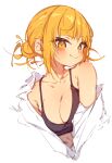  1girl absurdres bangs bare_shoulders black_sports_bra blonde_hair blunt_bangs blush boku_no_hero_academia breasts cleavage collarbone commentary double_bun eyebrows_visible_through_hair fang hair_up highres large_breasts long_sleeves looking_at_viewer messy_hair open_clothes open_shirt portrait rasusurasu shirt short_hair sidelocks simple_background skin_fang smile smug solo sports_bra toga_himiko white_background white_shirt yellow_eyes 