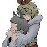  2girls animal_ear_fluff animal_ears animal_print bangs black_headwear blonde_hair capelet closed_mouth fe_(tetsu) grey_hair hair_ornament holding_person hug long_sleeves mouse_ears multicolored_hair multiple_girls nazrin simple_background smile streaked_hair symbol-only_commentary tiger_print toramaru_shou touhou upper_body white_background 