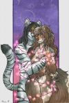  anthro anthro_on_anthro black_hair blue_eyes breasts brown_body brown_fur brown_hair canid canine canis domestic_dog duo felid female fluffy fluffy_tail fur genitals grey_body grey_fur hair hi_res interspecies male male/female mammal mrrrn multicolored_body multicolored_fur nipples one_eye_closed open_mouth open_smile pantherine pussy romantic romantic_couple smile snow_leopard traditional_media_(artwork) two_tone_body two_tone_fur white_body white_fur 